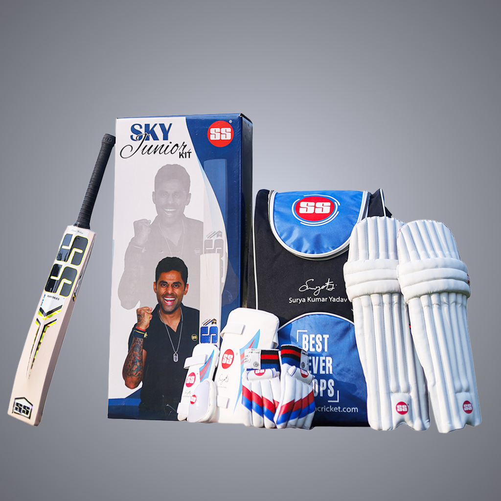 Complete cricket kit including cricket bat, pads, gloves, helmet, shoes, and kit bag for professional and beginner players
